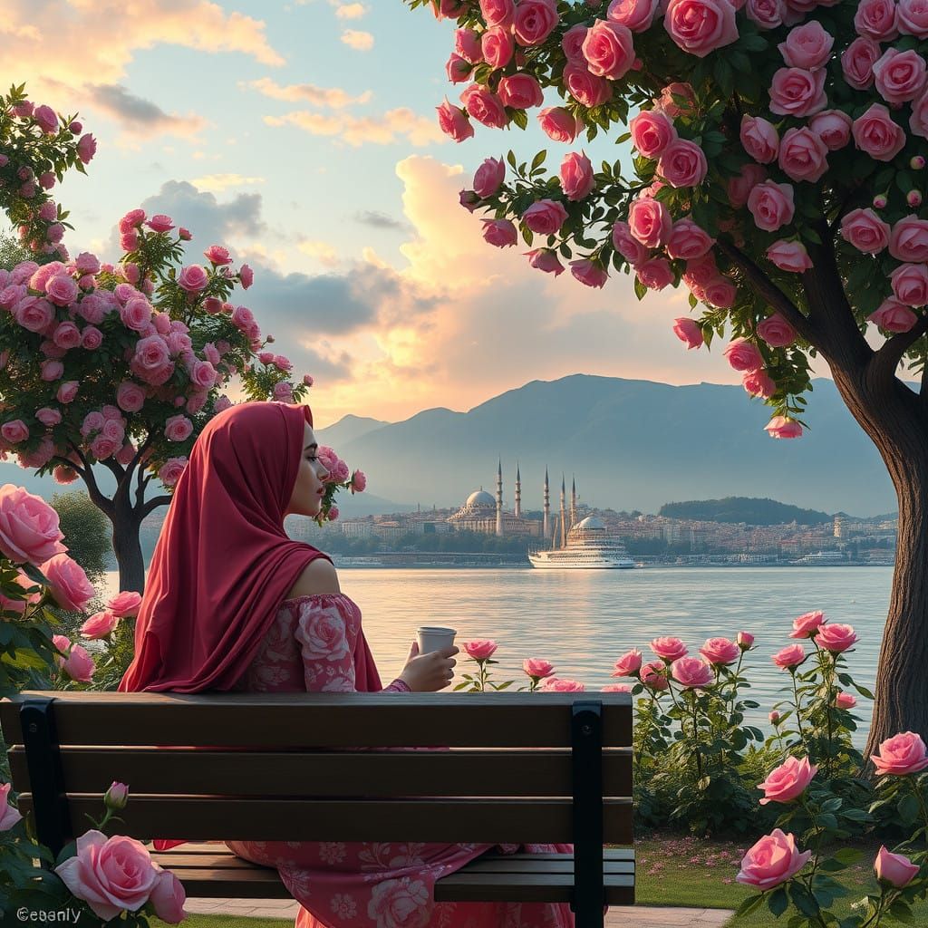 Arab Woman in Papaya Garden with Istanbul Background in Drea...