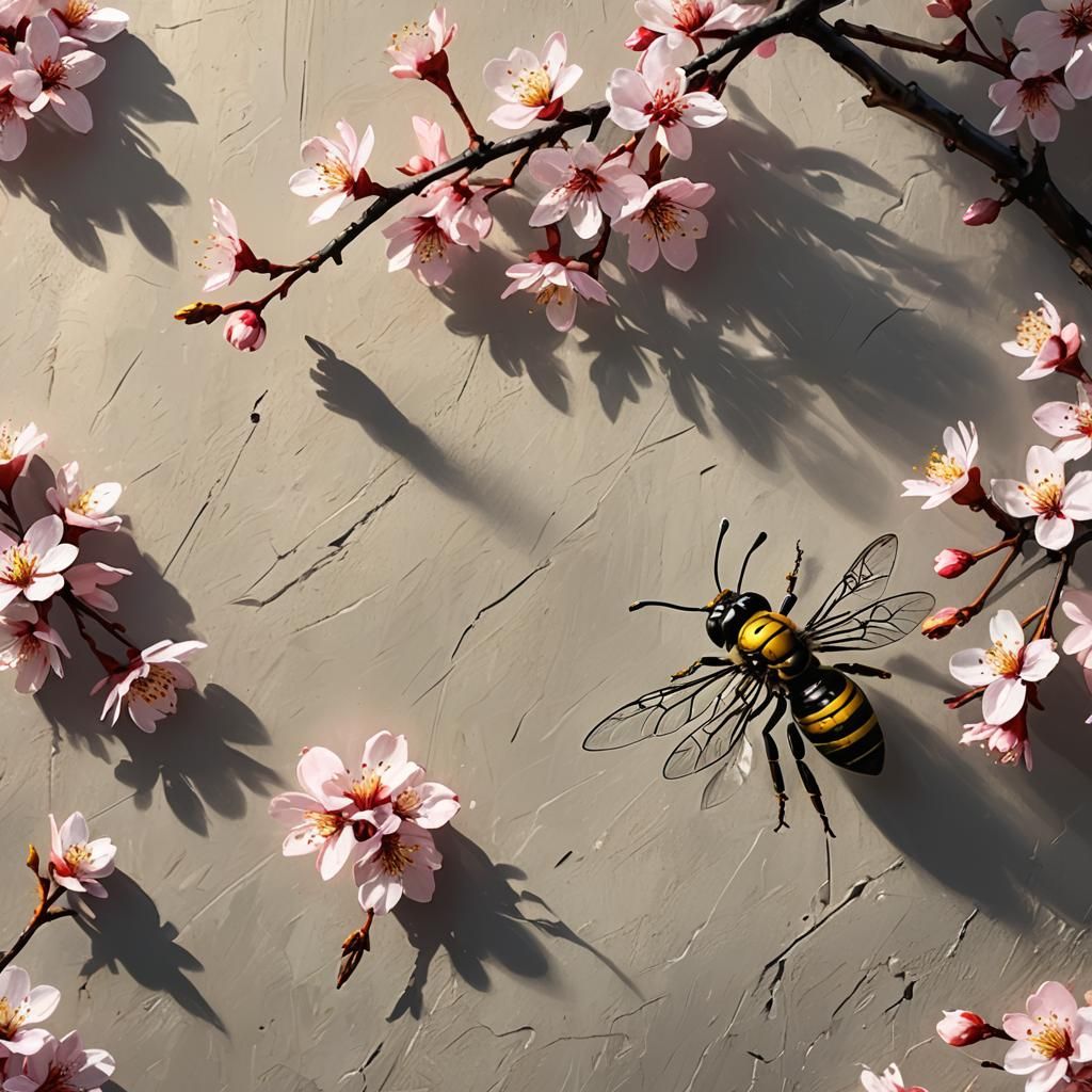 Child Draws Cherry Blossom with Wasp, Hyper-Realistic