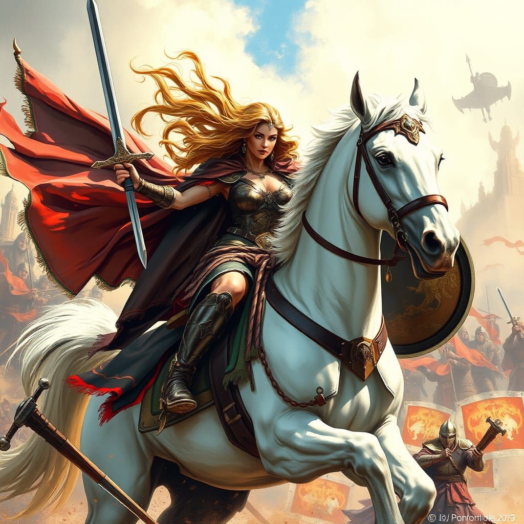 Valkyrie Warrior on White Horse in Epic Medieval Battle