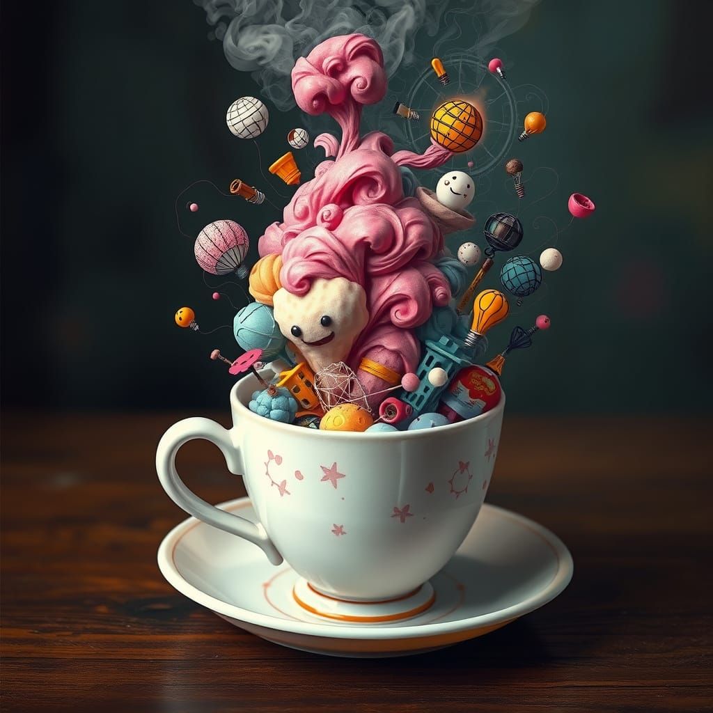 Coffee Cup Eruption of Ideas: Whimsical Digital Art
