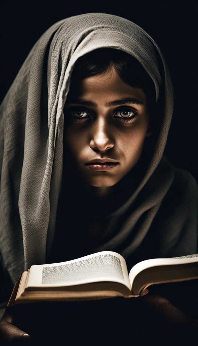 Sad Afghan Girl Reading in Moonlight Portrait