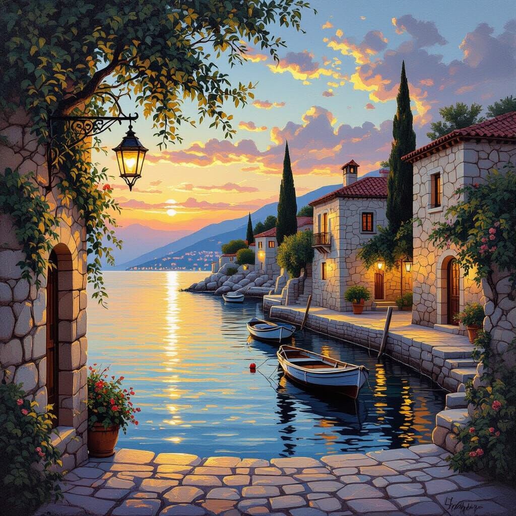 Charming Cyprus Harbor at Twilight, Oil Painting