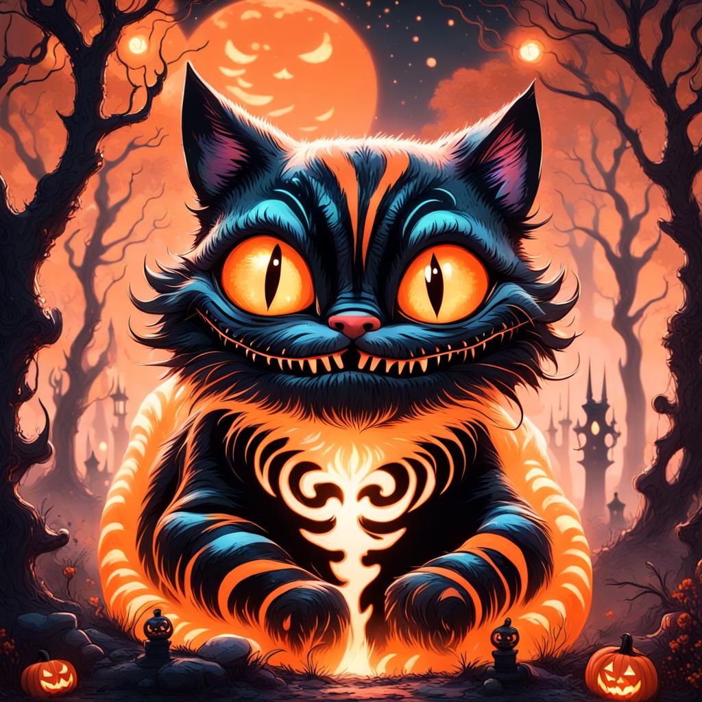 Bioluminescent Cheshire Cat Ghost in Spooky Cemetery