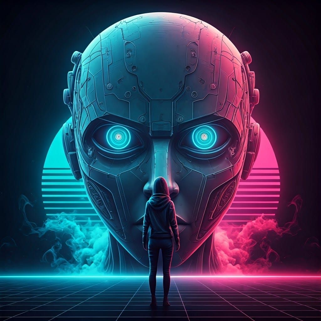 Cybernetic Hacker Stares into Mechanical Head, Synthwave