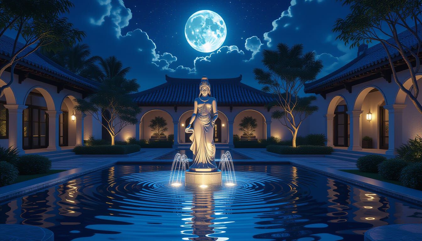 Goddess Statue in Luminous Fountain with Cosmic Reflections