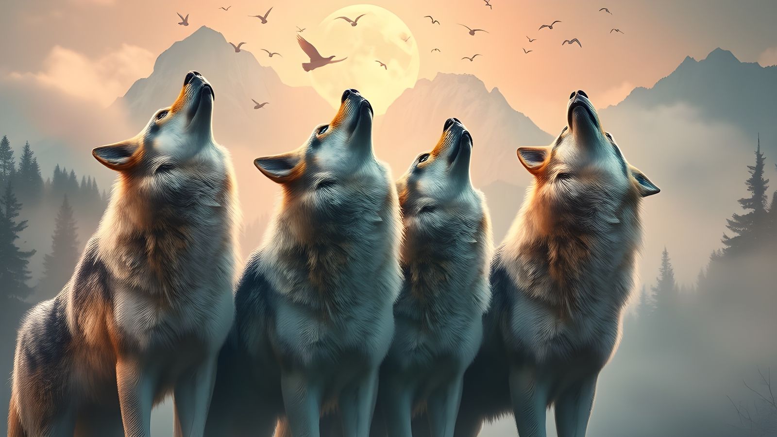 Wolves Howling at Moon in Misty Forest