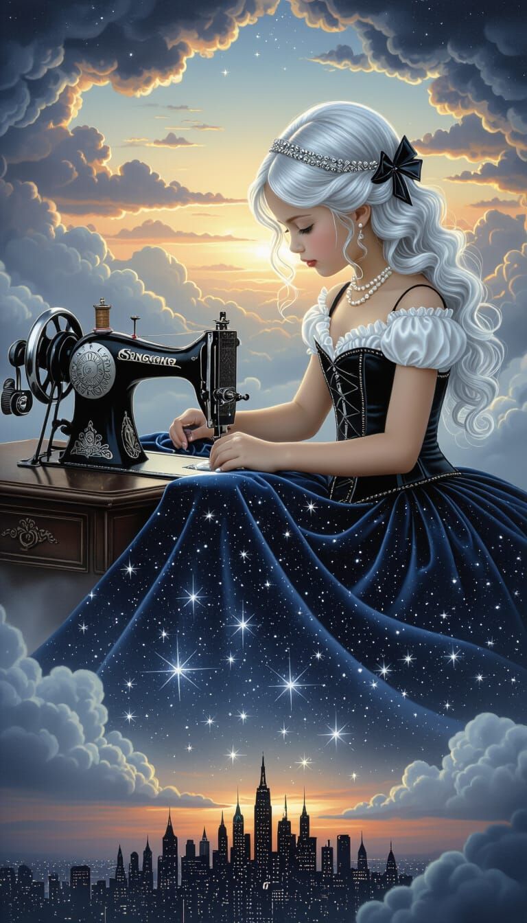 Girl Sewing Starry Night Sky, Ethereal Fantasy Art