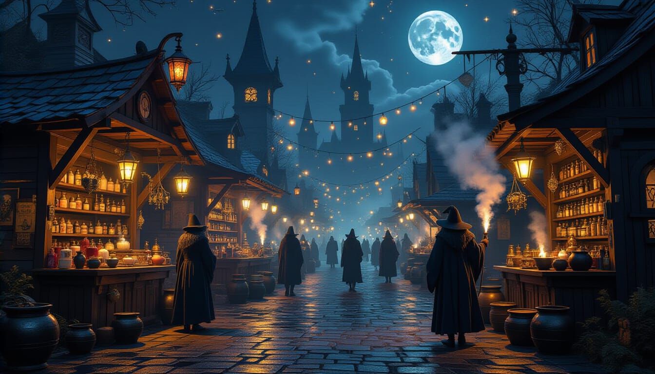 Magical Night Market with Witches and Wizards