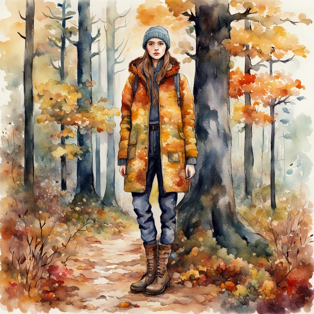 Fashion Sketch of Girl in Autumn Forest Watercolor