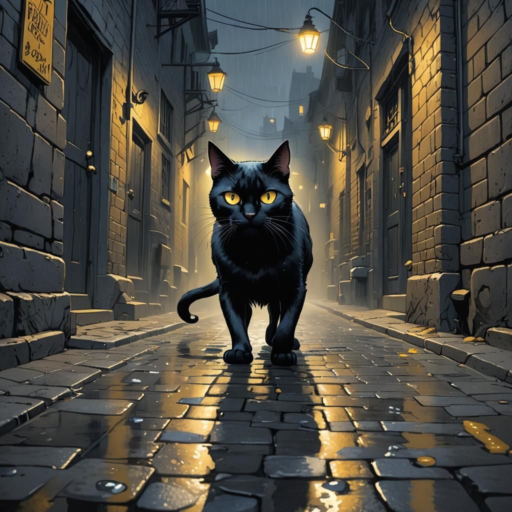 Black Cat in Foggy Alley: Noir Cartoon
