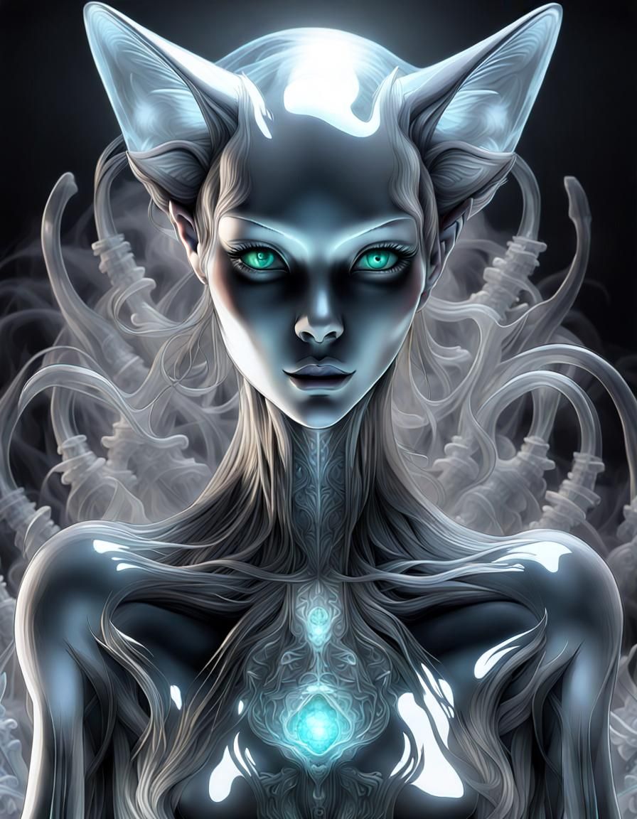 Crystal Neko Emerges from Smoke in Giger Style