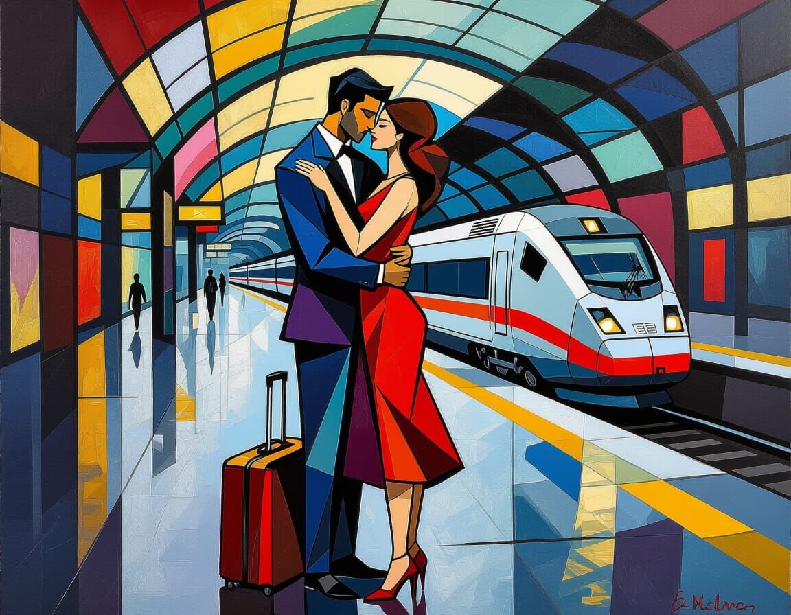 Cubist Couple Embrace in Railway Station
