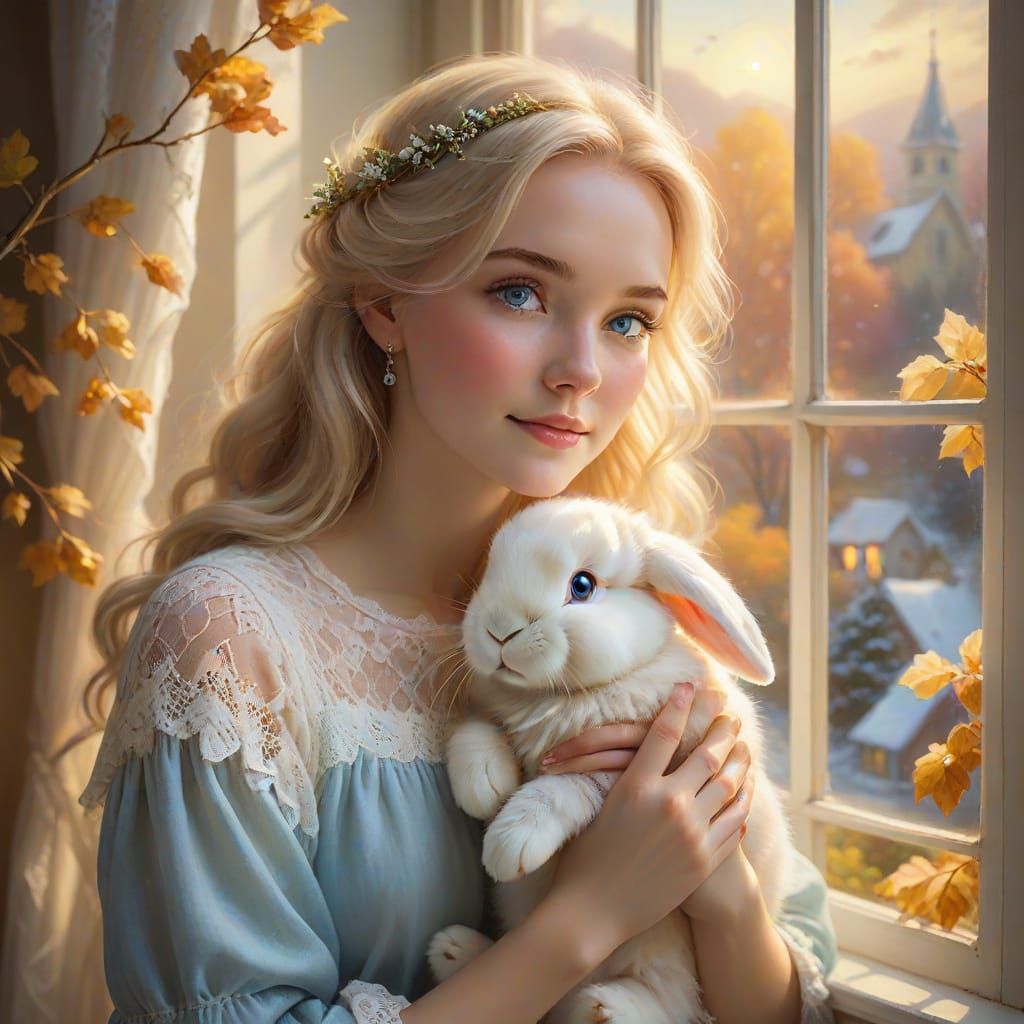 Warm Light Realism Portrait of a Girl Daydreaming with a Bun...