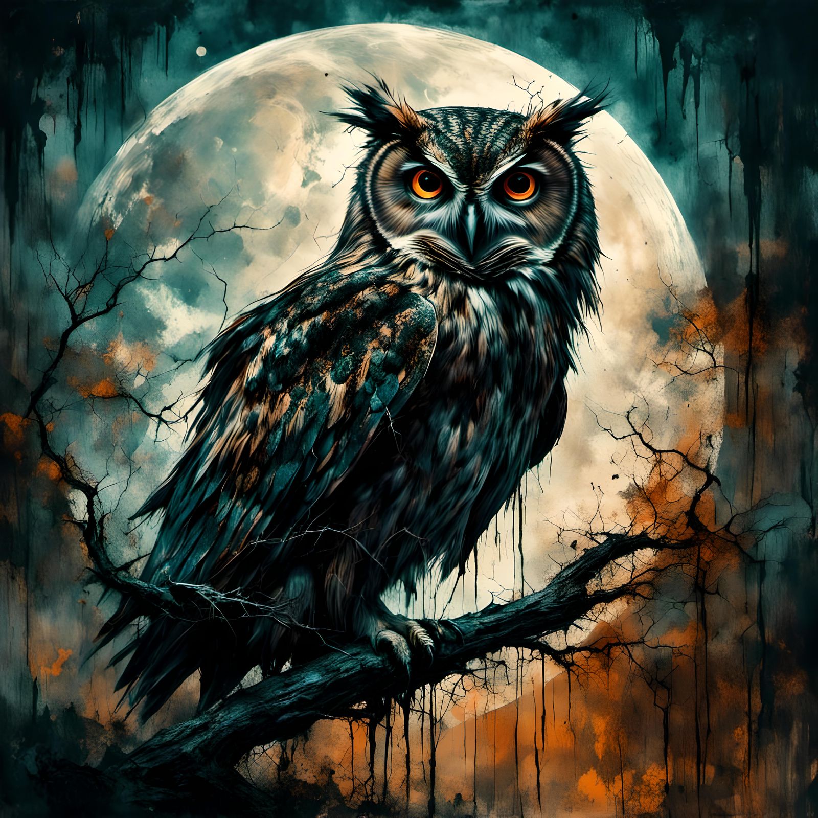 Eerie Owl Under Full Moon in Forest