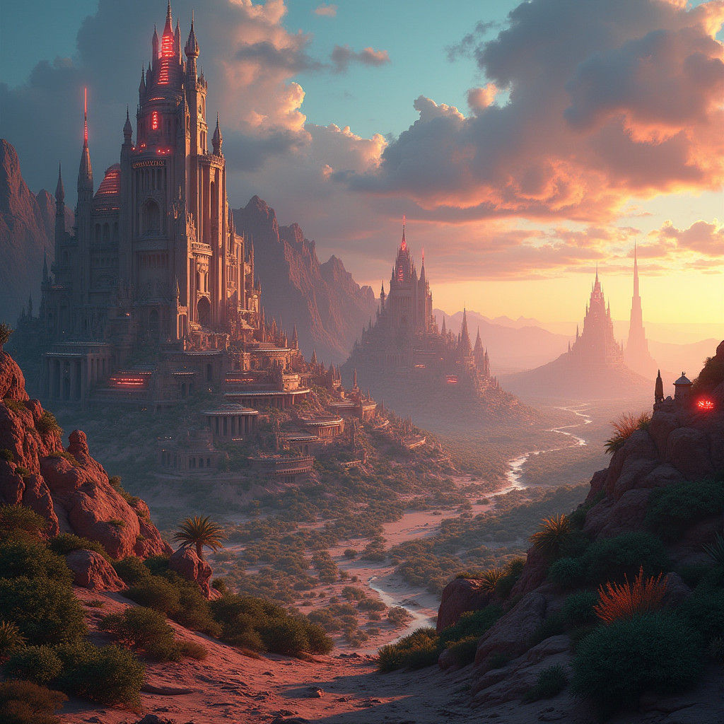 Desert Cityscape at Dusk: A Digital Painting