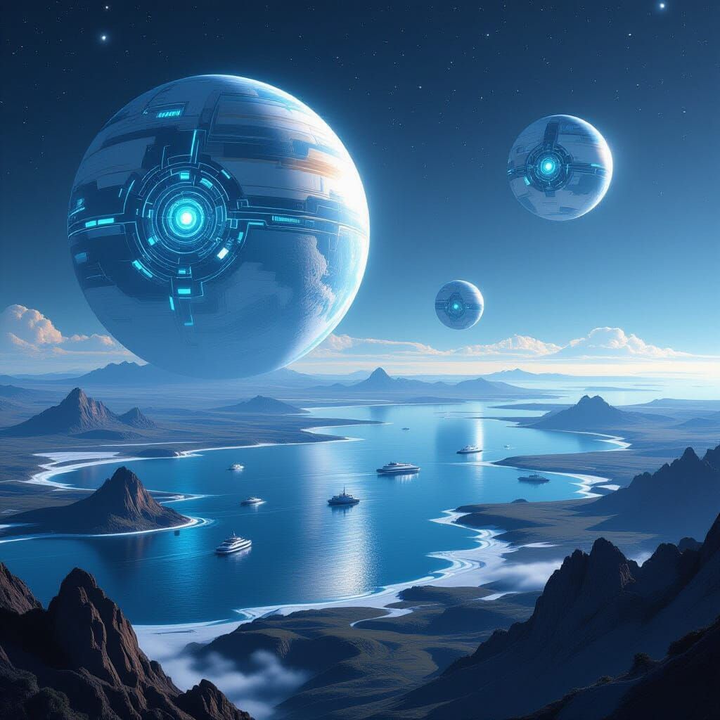 Realistic Planet Surrounded by AI Cores in Space