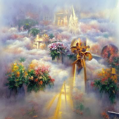Ethereal Golden Cross Scene with Angels and Flowers
