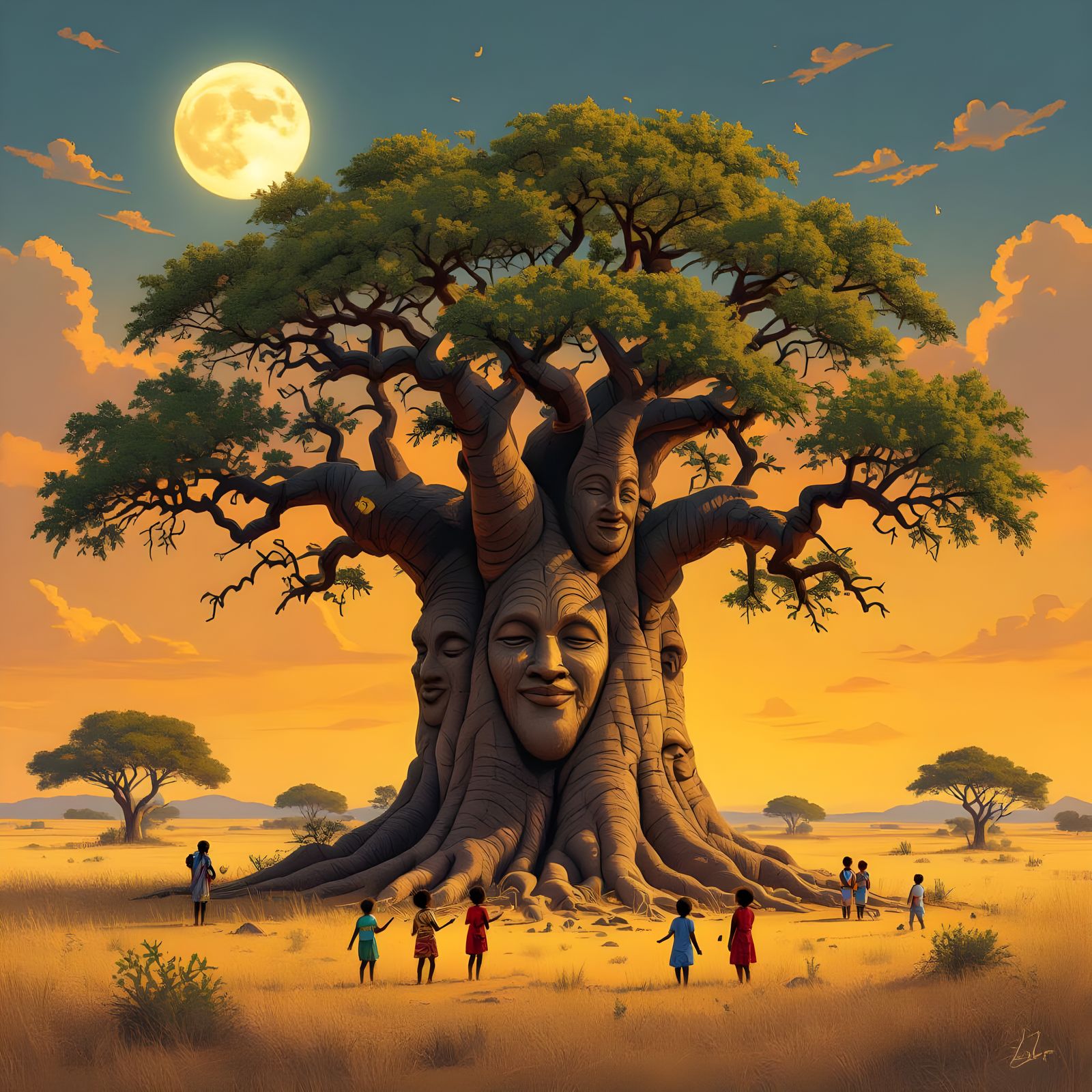 Baobab Tree With Ancestral Faces Under Moonlight