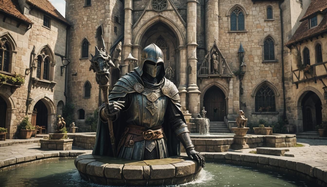 Fantasy Memorial Statue in Medieval Town Illustration