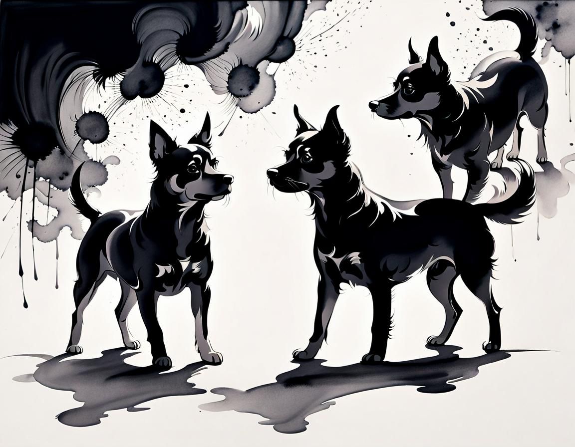 Abstract Chinese Ink Drawing of Two Dogs