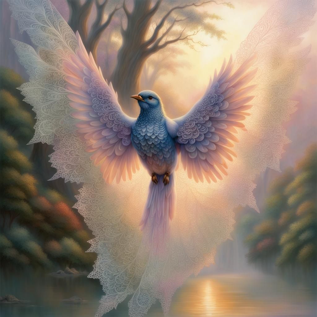 Ethereal Lace Wing Birds in Misty Landscape