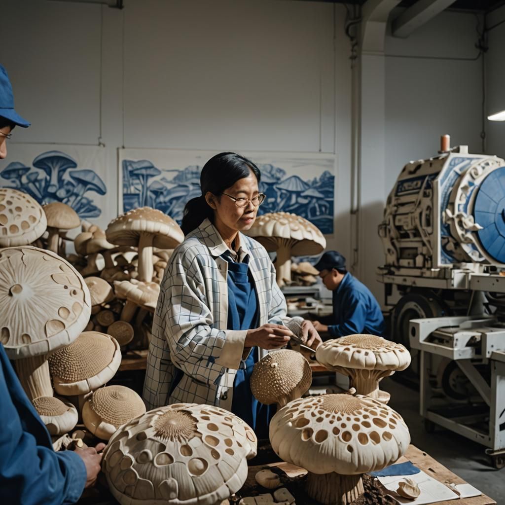 Blue and White Linocut Mushroom Harvesters