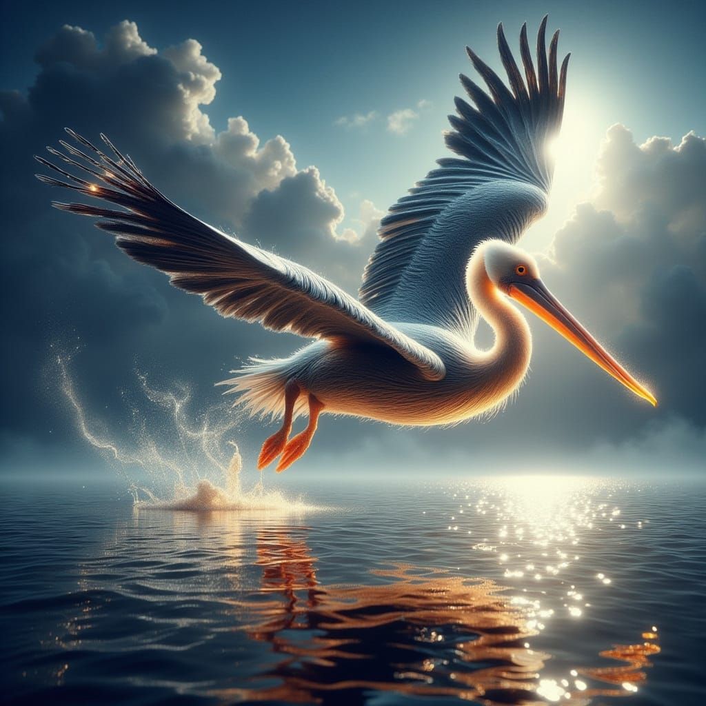 Curly-Headed Pelican Soars in Digital Painting