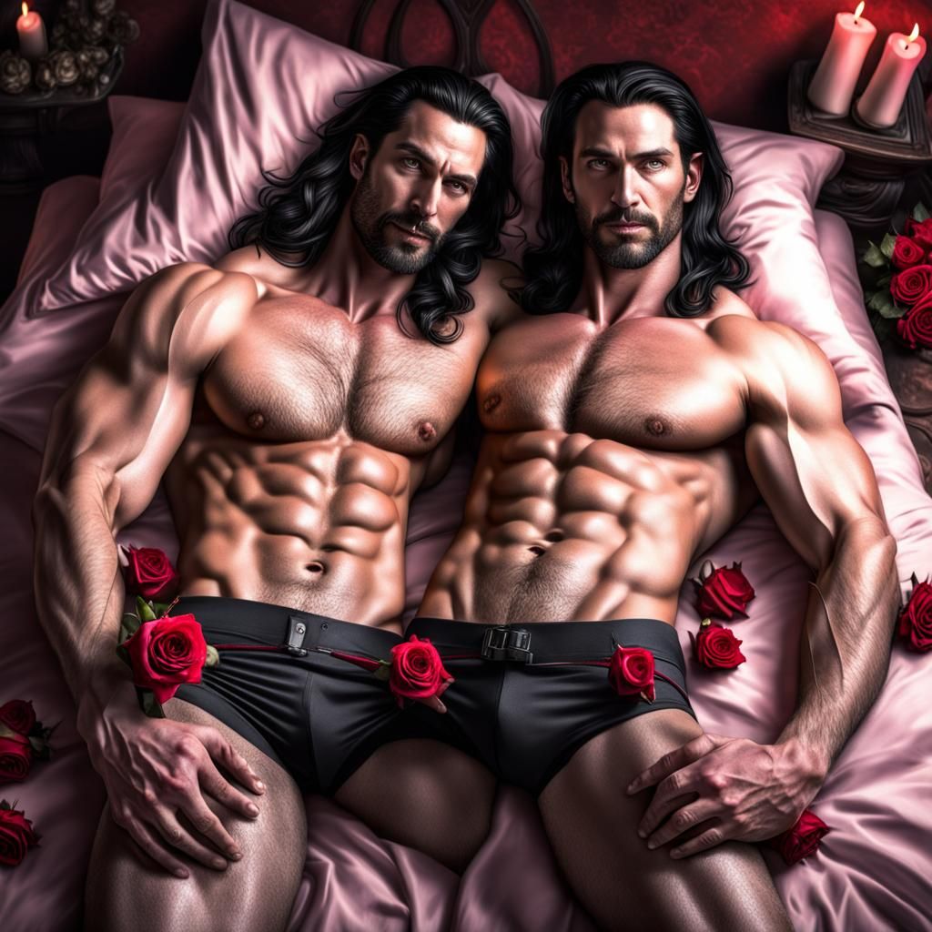 Two Handsome Male Witches Lying on Bed