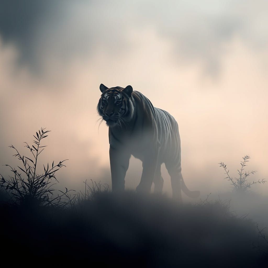 Silhouet of tiger in the mist
