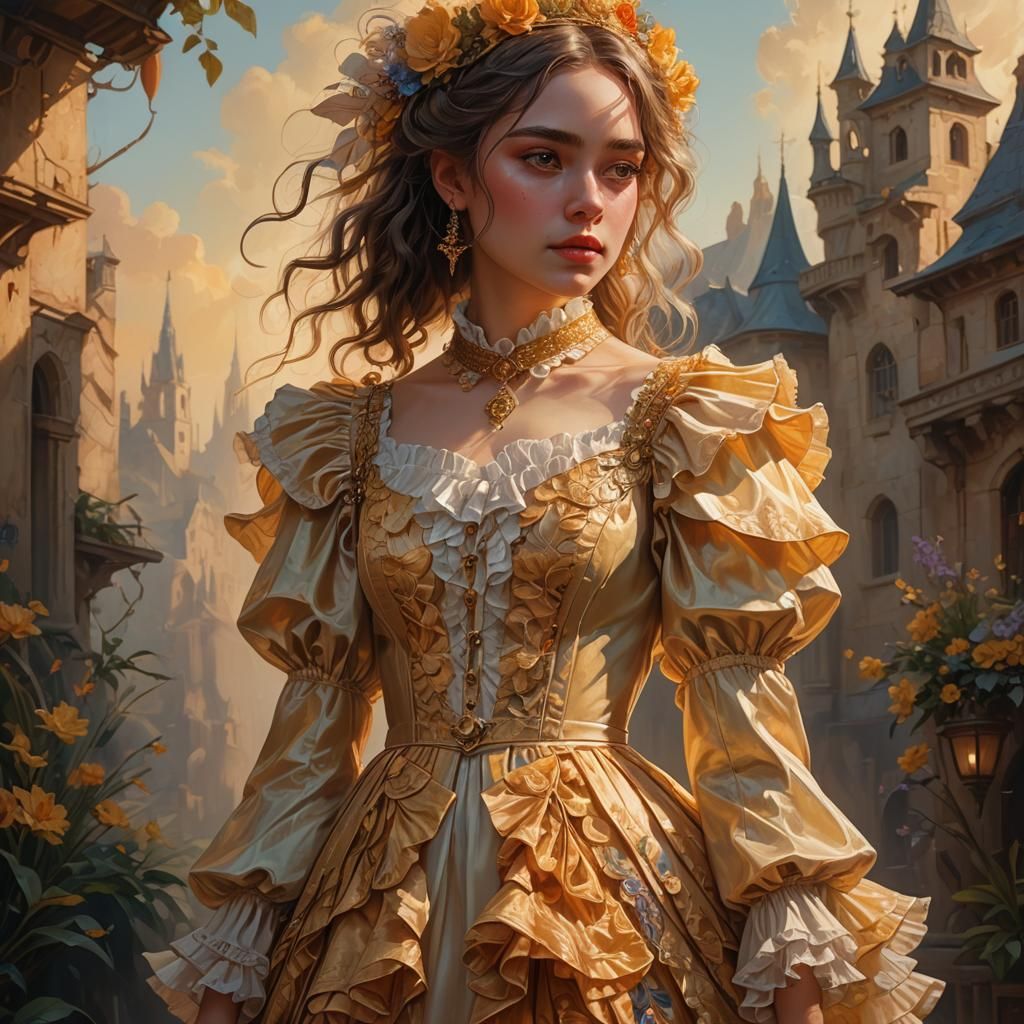 Fantasy Girl in Frilly Dress: Oil Painting