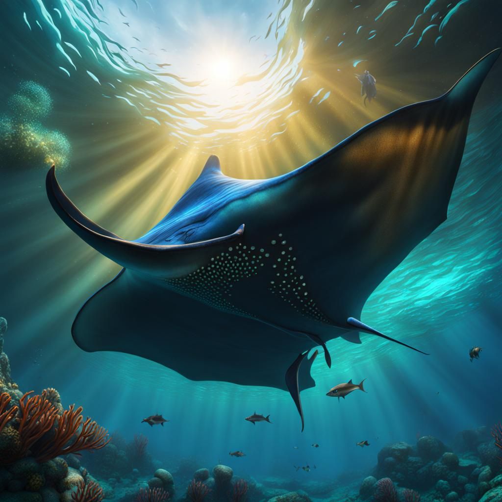 Manta Ray Swimming Overhead in Detailed Digital Painting
