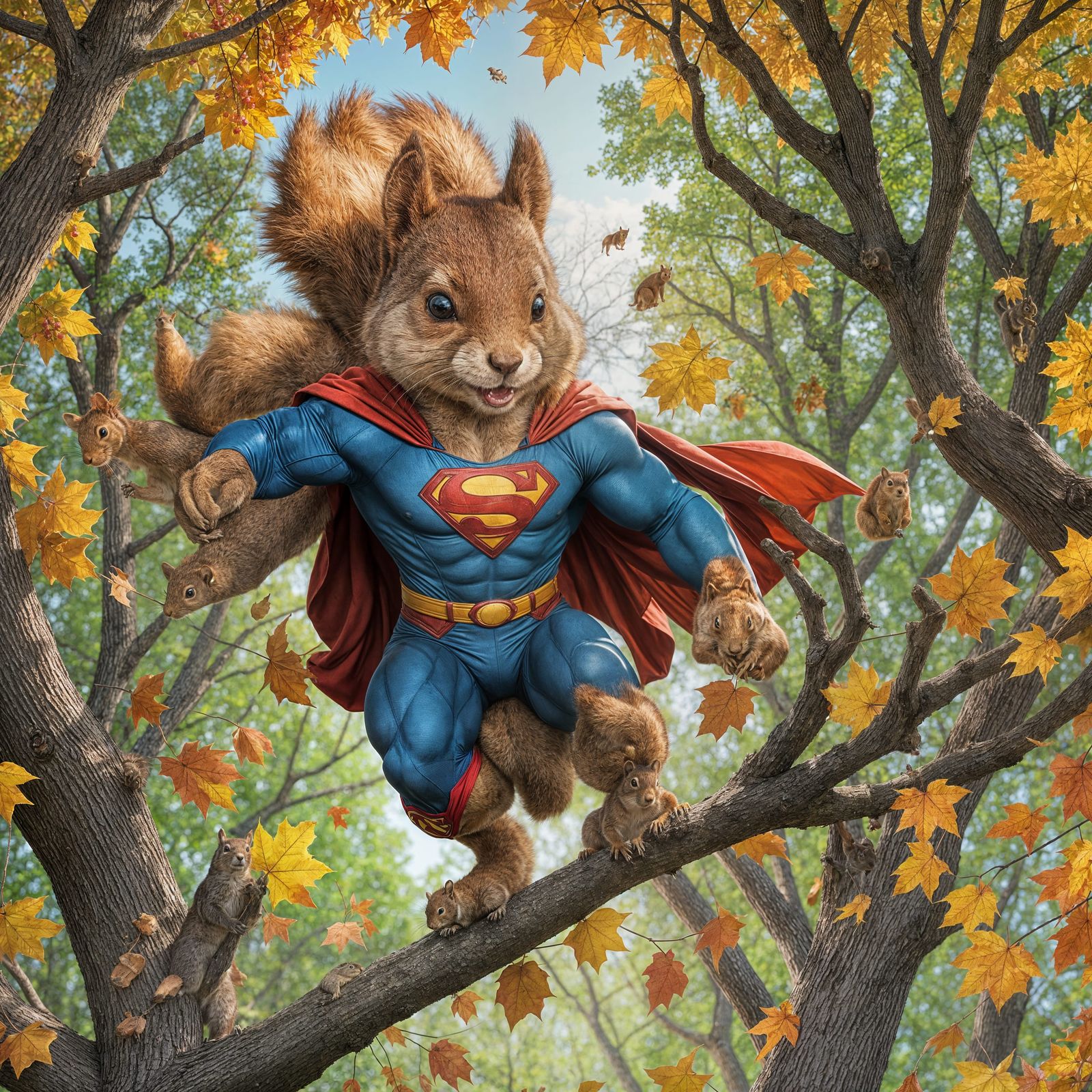 Superman Squirrel Climbing a Tree with Acorn