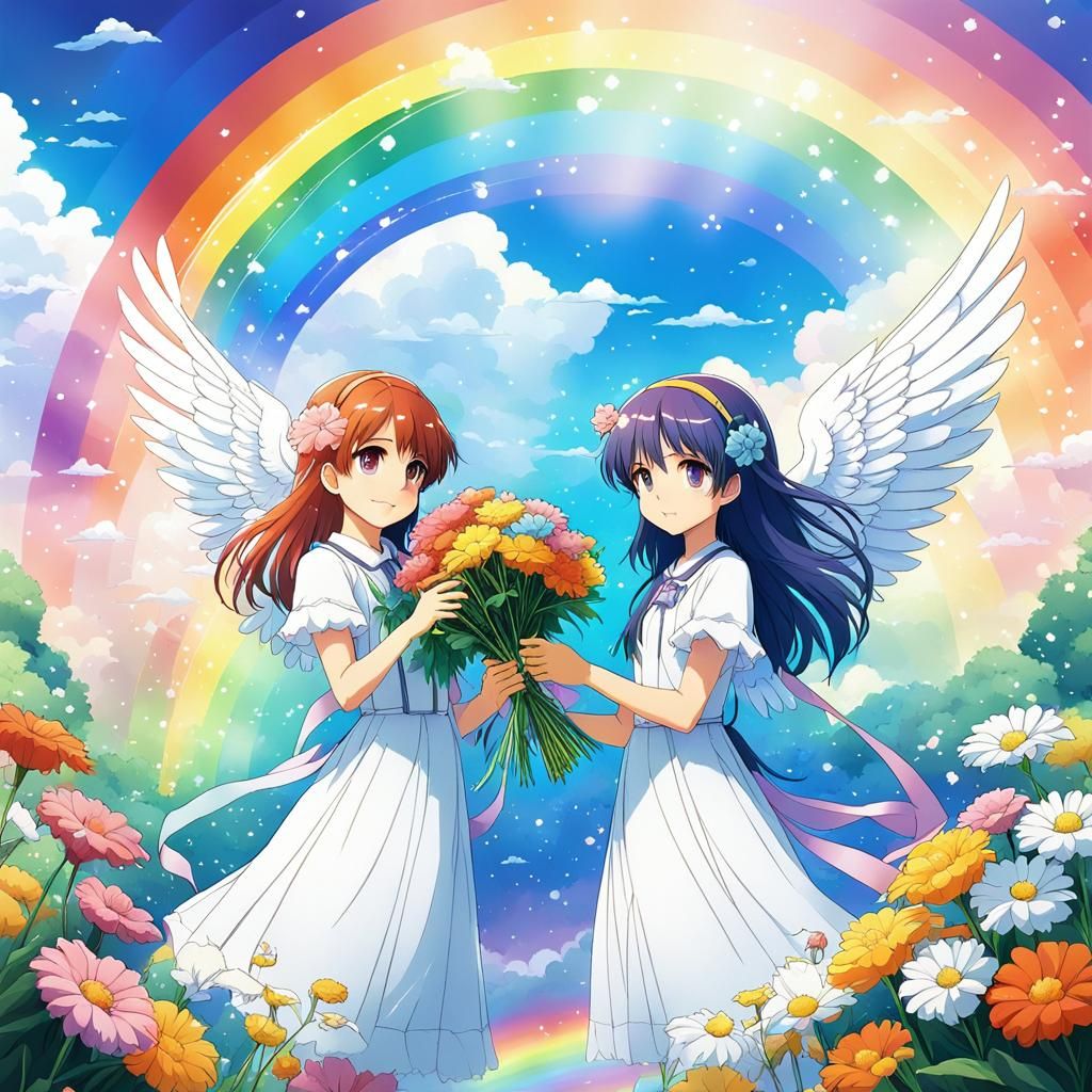 Angels with Rainbow and Flowers: Manga Scan Style