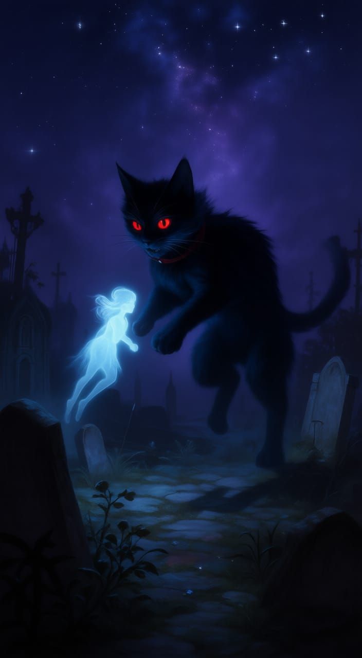 Yule Cat Chases Fairy Ghost Under Starry Night Sky
