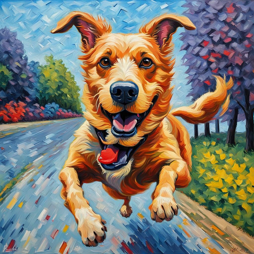 Humorous Dog Selfie in Expressionist Oil Painting Style