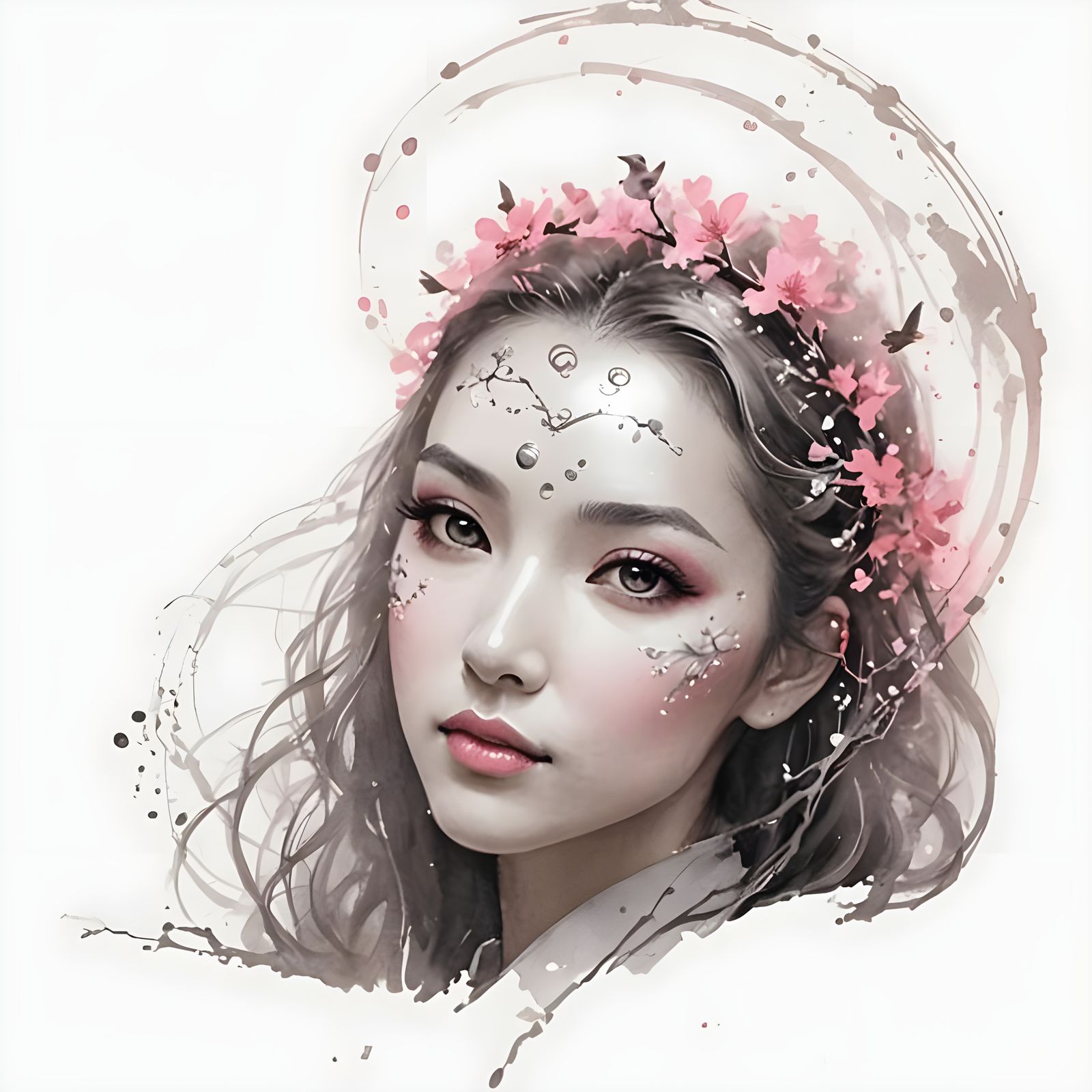 Futuristic Woman with Bird, Sumi-e Digital Art