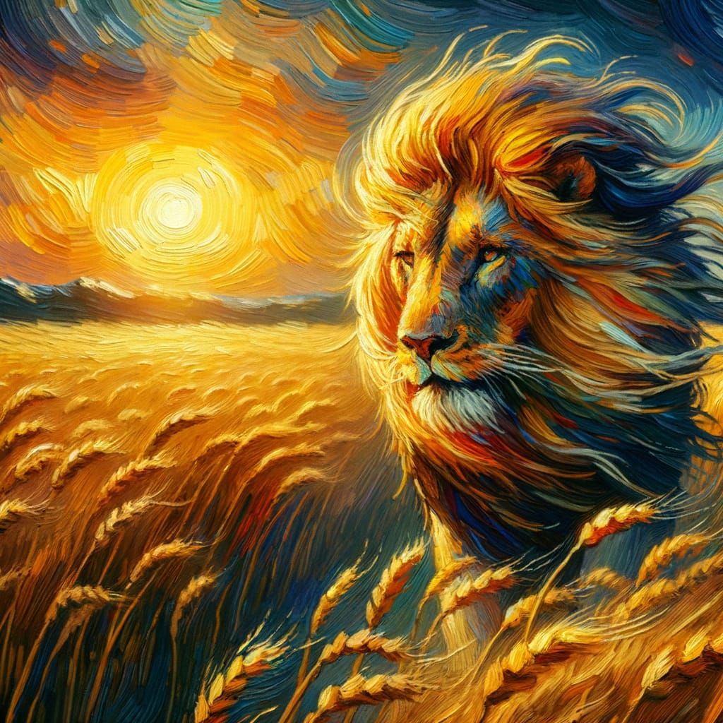 Lion in Golden Wheat Field, Post-Impressionist Oil Painting