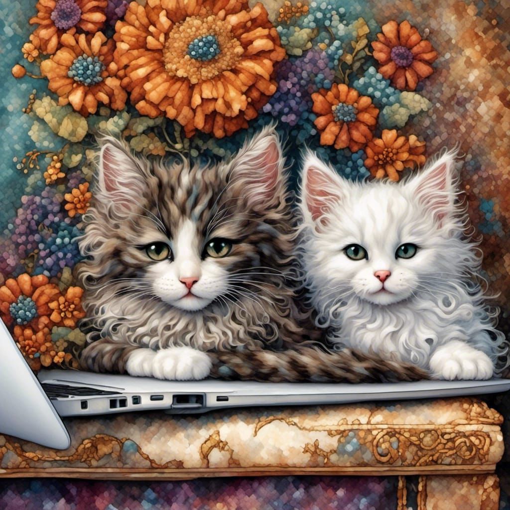 White Tabby Kittens Napping on Laptop