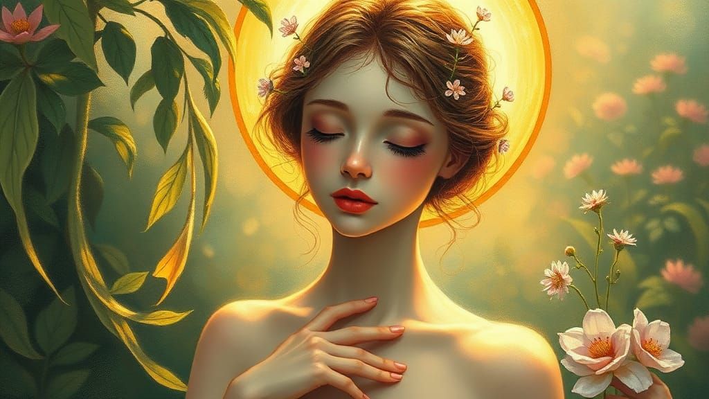 Ethereal Woman in Garden of Self-Discovery