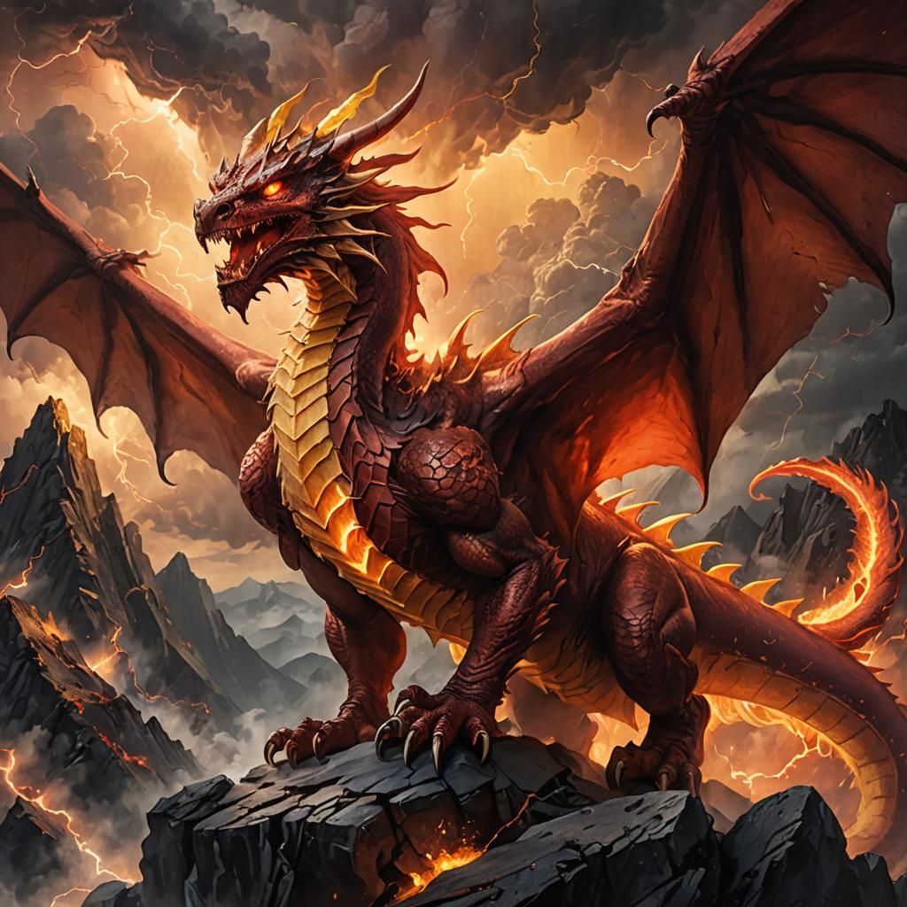Red Lightning Dragon Spreads Wings on Stormy Peak