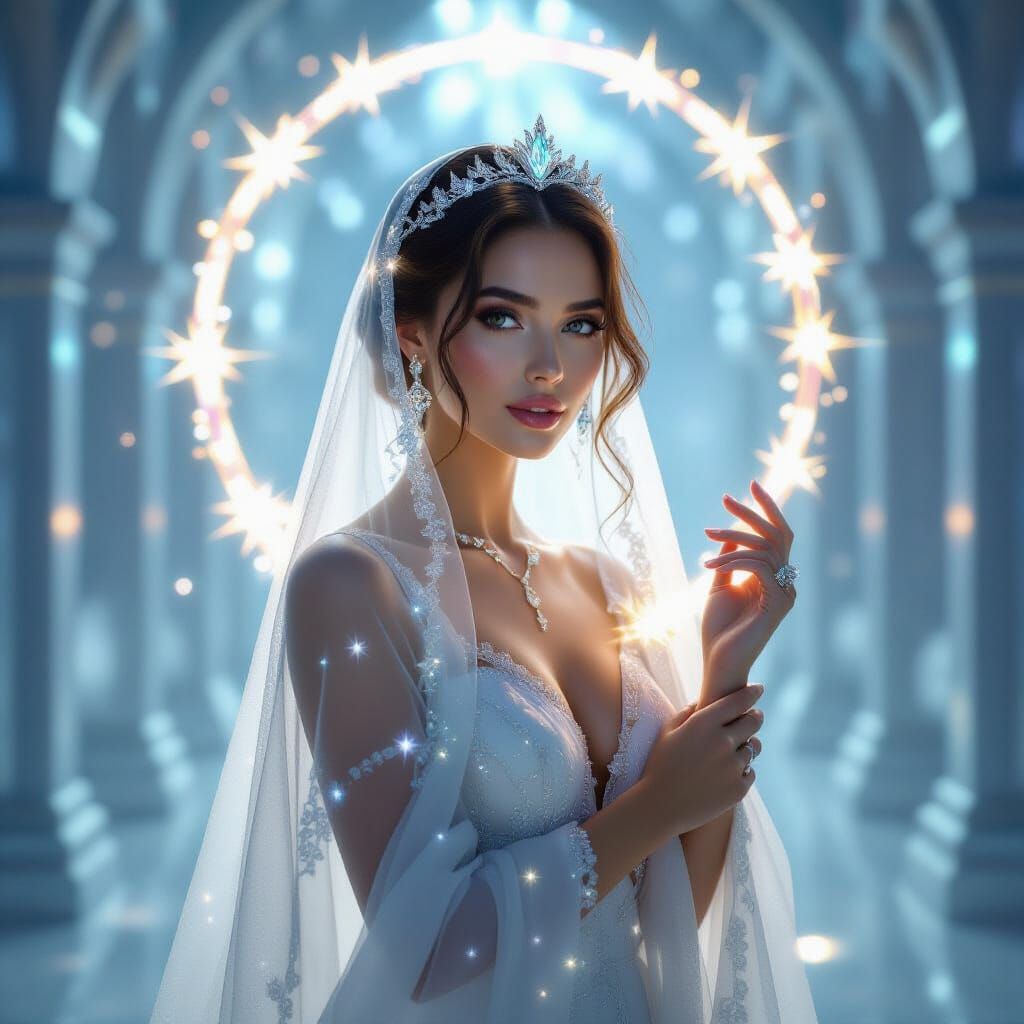 Celestial Woman Beneath Luminous Arch, in Surreal Style