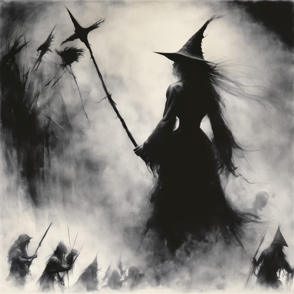 Dark Ages Witch Hunt Scene in Moody Watercolor Style