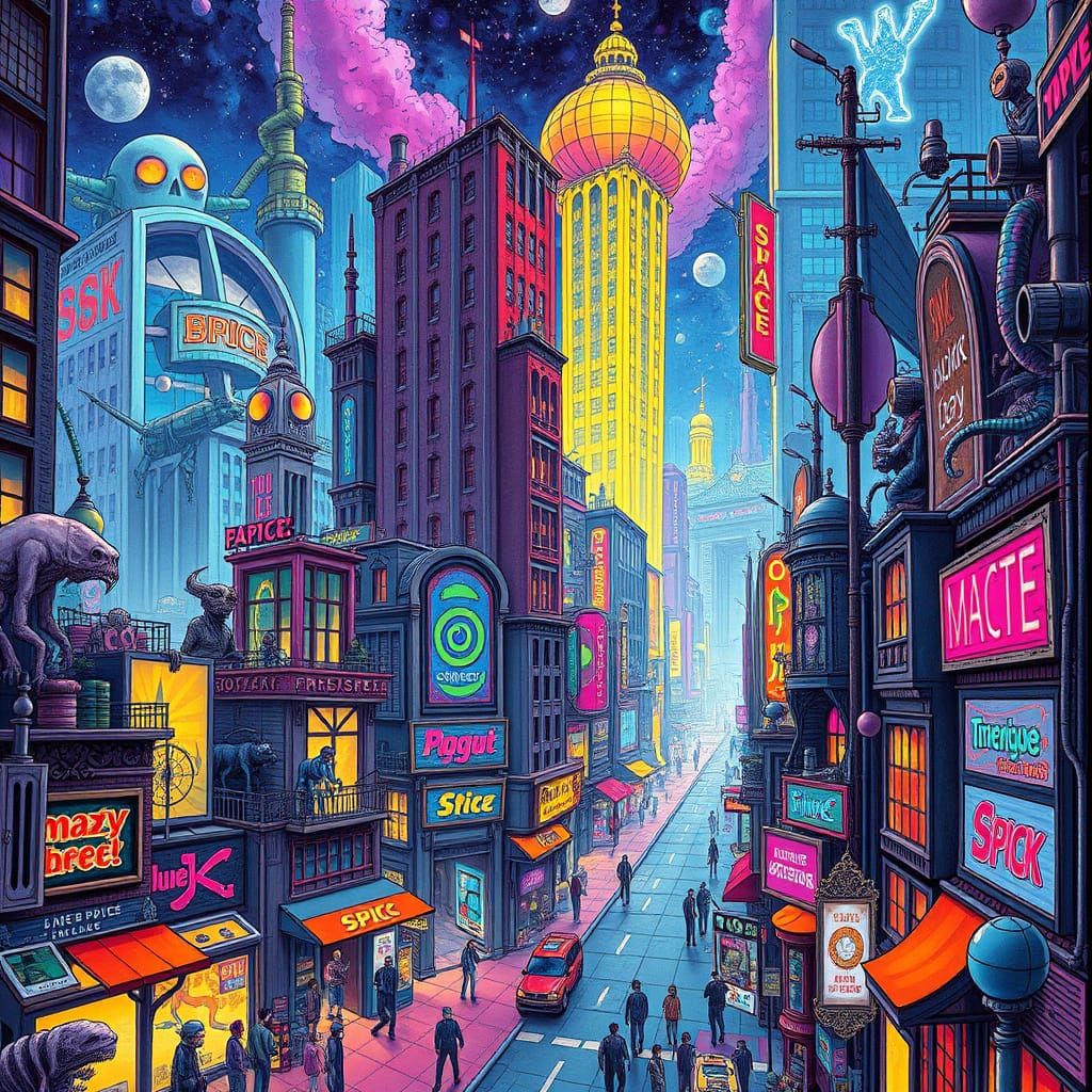 Surreal Cityscape in Vibrant, Otherworldly Style
