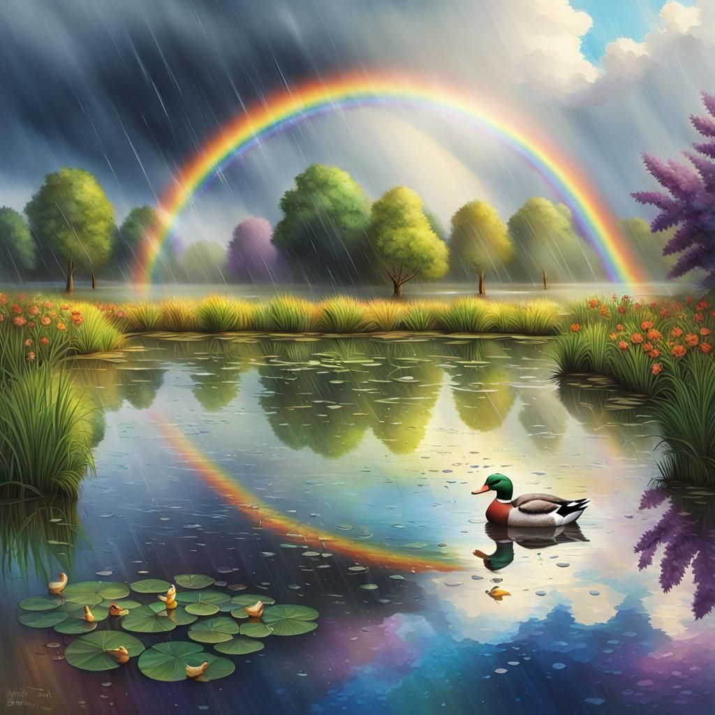 Rainy Duck Pond with Rainbow, Hyperrealistic Splash Art