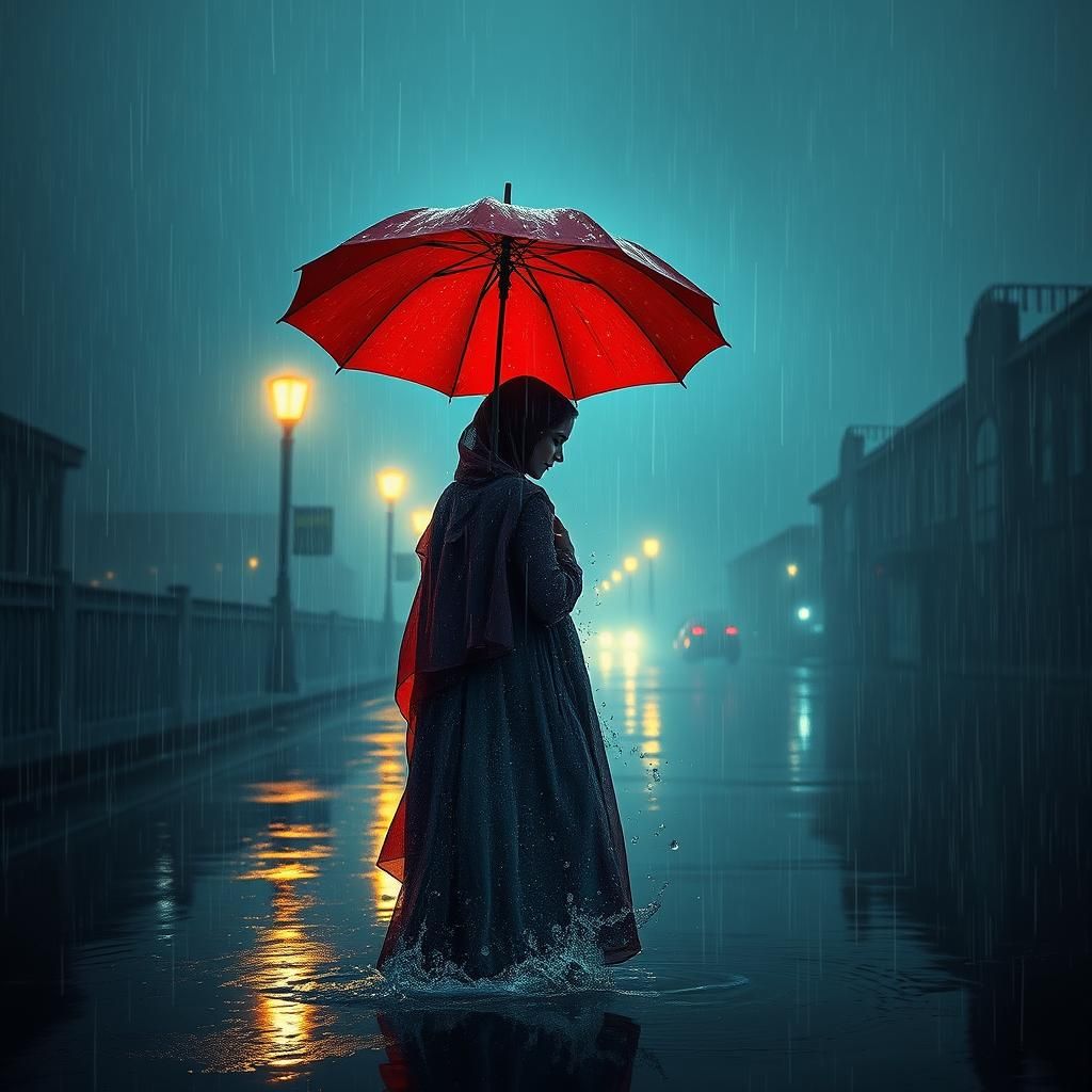 Woman of Water in Rain with Red Umbrella