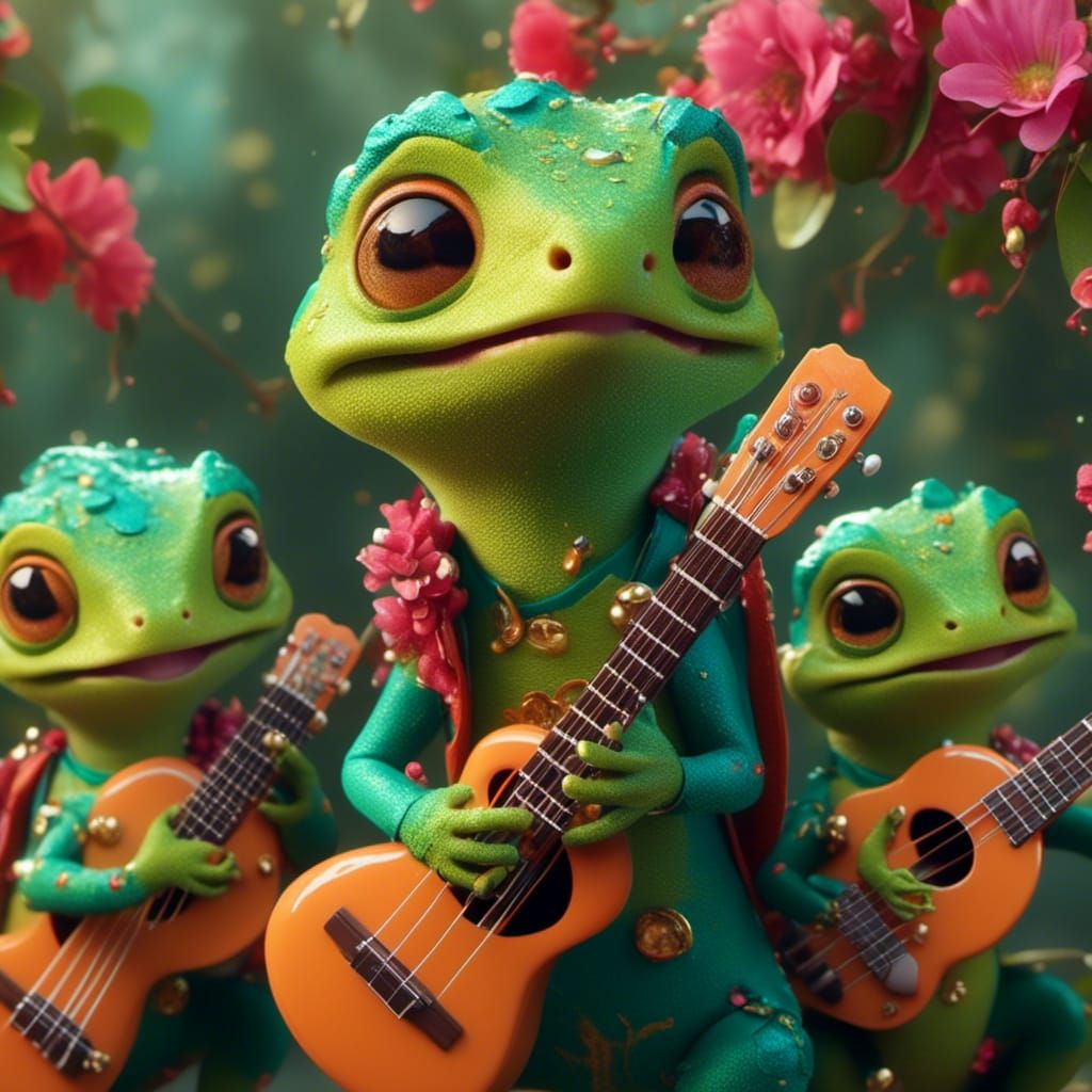 Mariachi Geckos Play in a Tree: Vibrant Digital Art