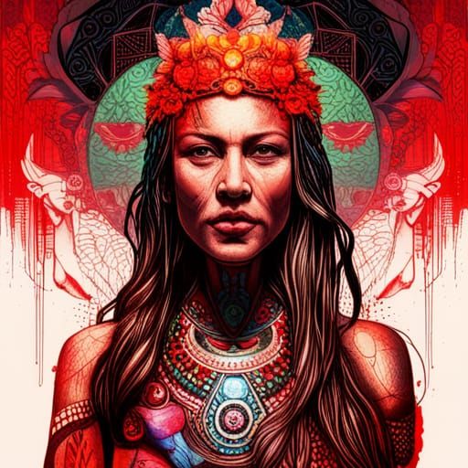 Mayan Sacrifice Scene in Vivid Triadic Colors