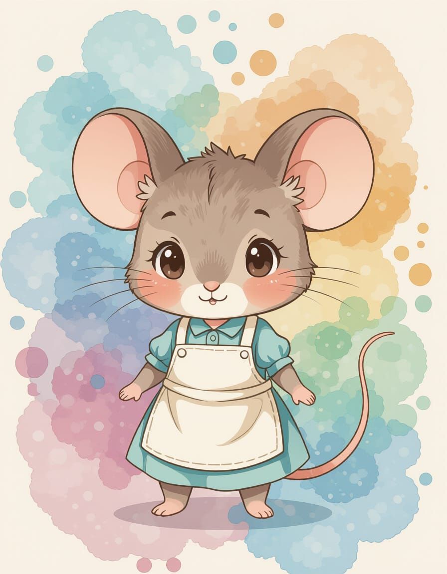 Adorable Chibi Mouse with Watercolor Splashes