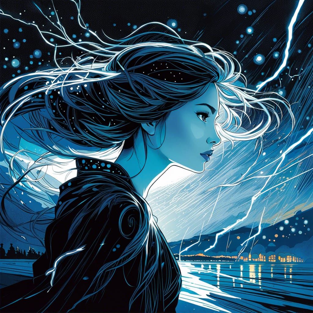 Lightning Storm Woman in Art Nouveau Style