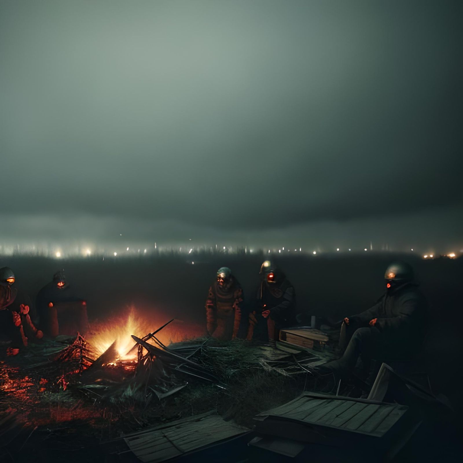 Stalkers Gather Around Campfire in Dark Landscape